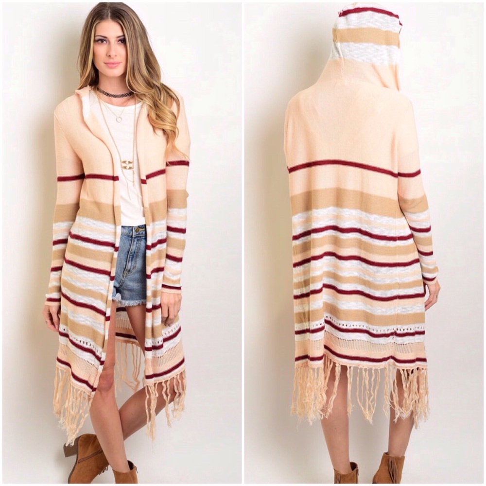 🍎Peachy Mocha Fringe Hooded Cardigan - Picture 1 of 2
